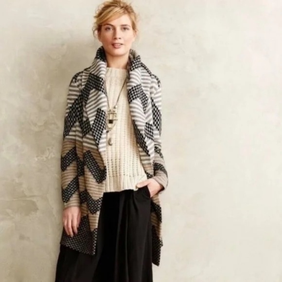 Anthropologie FIELD FLOWER Chevron Stripe Belted Wool Sweater Coat Hood X-Small - Picture 5 of 14